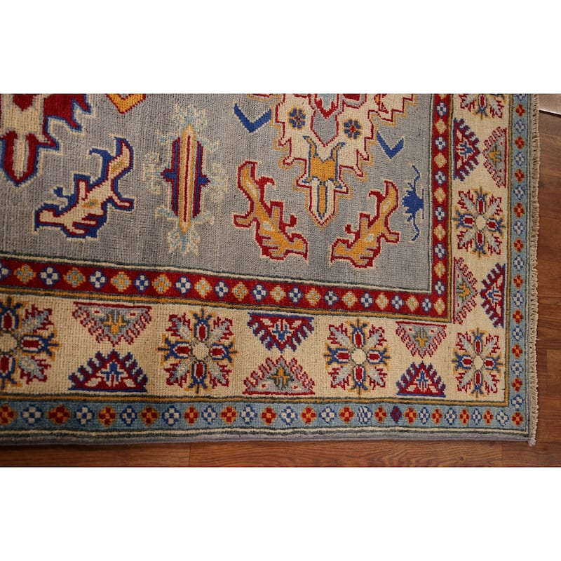 Geometric Kazak Area Rug Hand-Knotted Bedroom Wool Carpet - 4'1" x 6'0"
