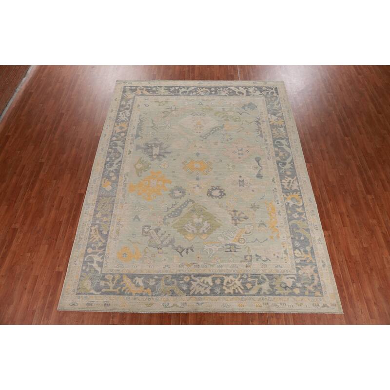 Hand Knotted Oriental 100% Wool Carpet Transitional All-Over Green Oushak Area Rug - 12' 0'' X 9' 3''