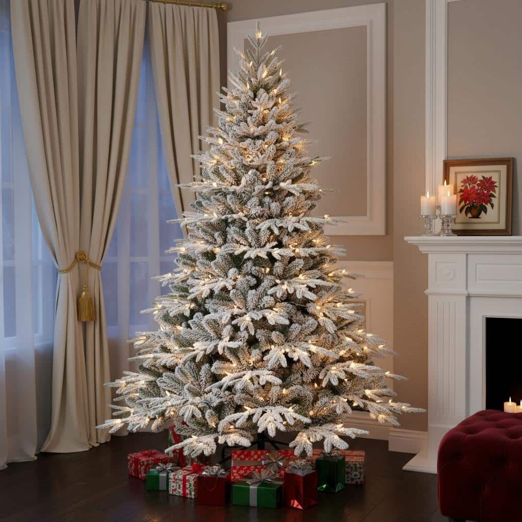 HomeRoots 6.5' White Pre Lit Full Flocked Fir Christmas Tree - 59.00 in. x 78.00 in. x 59.00 in.