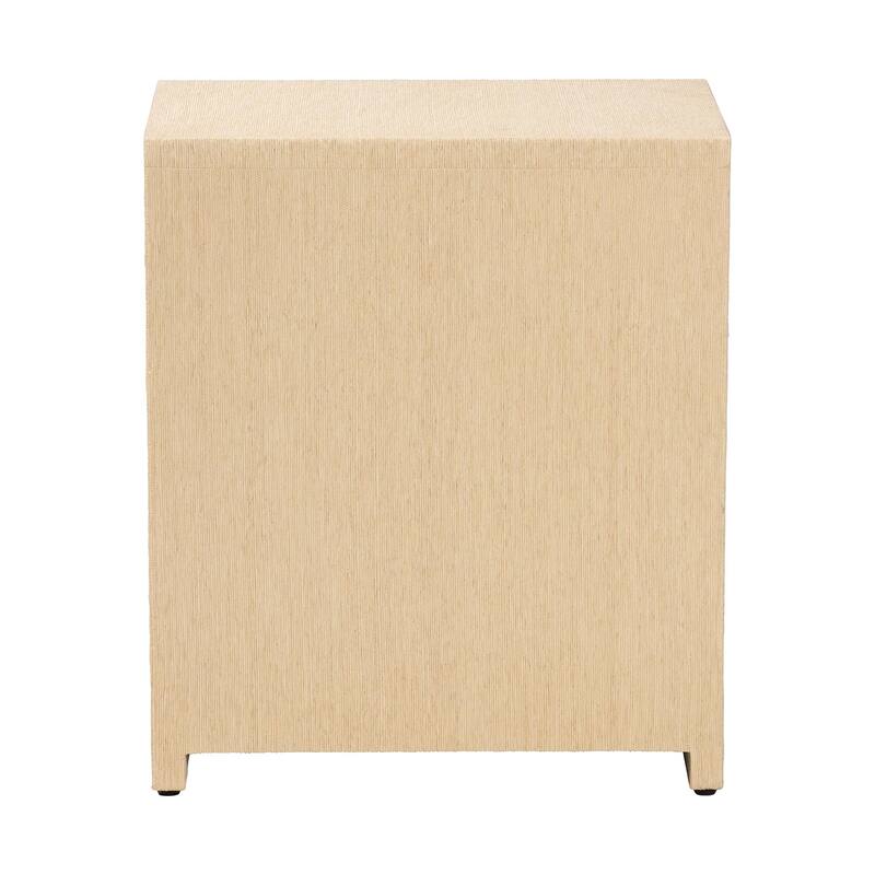 William Grasscloth 1-Drawer Nightstand with Open Shelves - Woven Texture Bedside Table with Gold Knob, Modern Coastal Accent