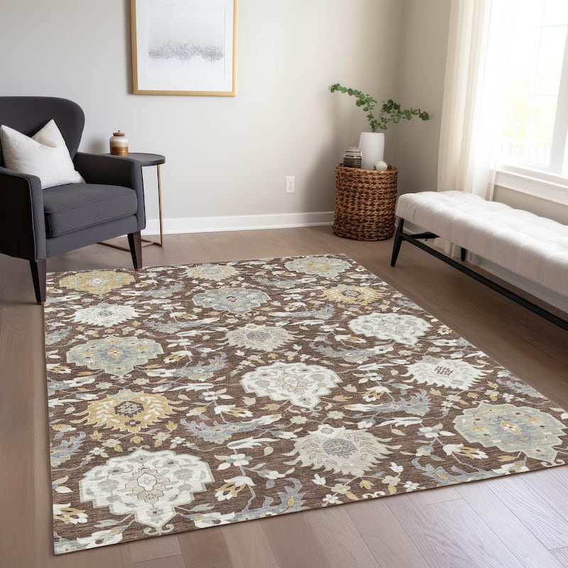 Machine Washable Indoor/ Outdoor Traditional Kashan Chantille Rug - Brown - 3' x 5'