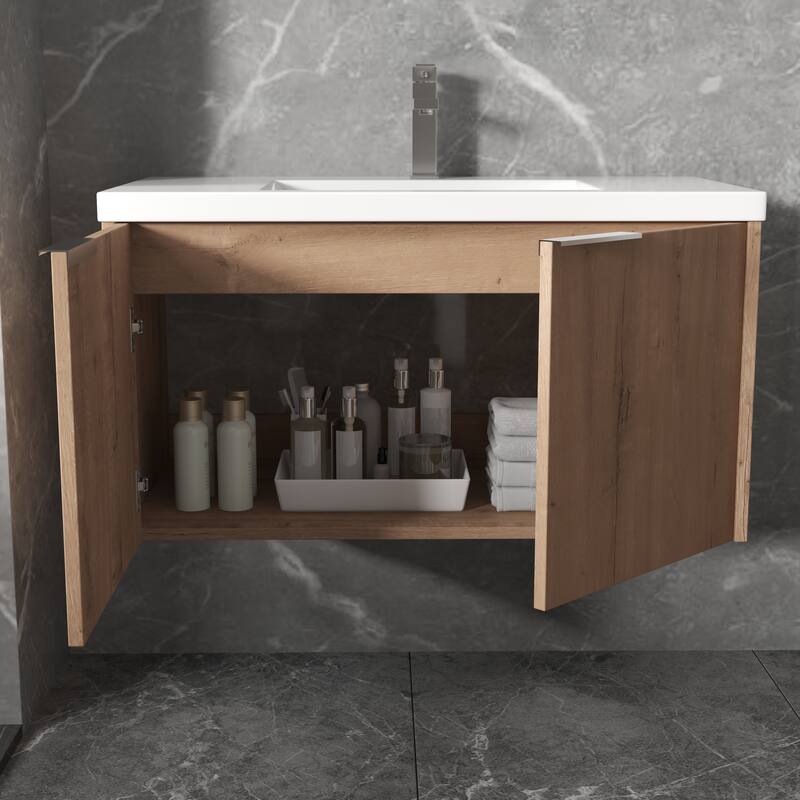 Floating Bathroom Vanity with Resin Sink, Soft Closing Doors, Metal Handles, and Ample Storage Space - 35.4in L Plywood