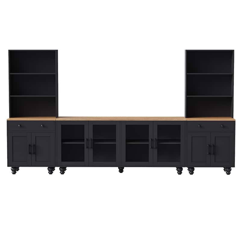 Black + Dark Walnut Farmhouse TV Entertainment Center with Bookshelves & Tempered Glass Doors for TVs Up to 70"