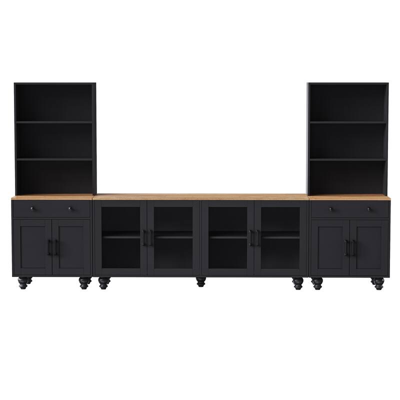 Farmhouse TV Stand with Solid Wood Legs for TVs Up to 70", Large Media Console Table with Bookshelves & Glass Doors