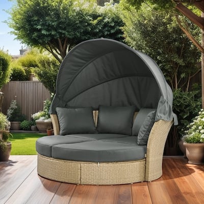 Outdoor Retractable Canopy Daybed with 4-Pillows, Grey