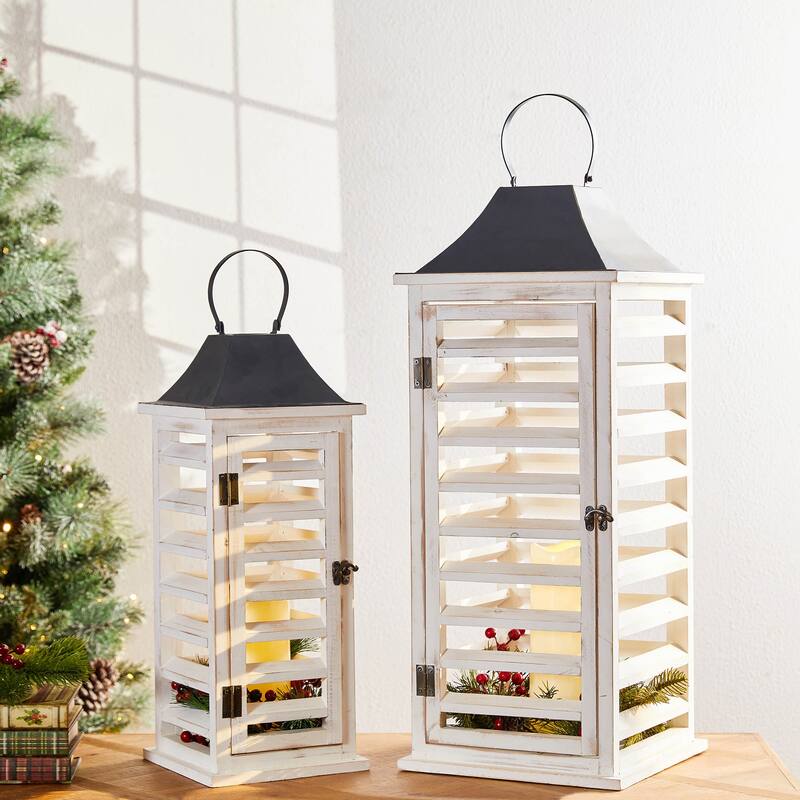 Glitzhome Set of 2 Modern Wooden Shutter Floor Candle Lanterns Fall Wedding Decor