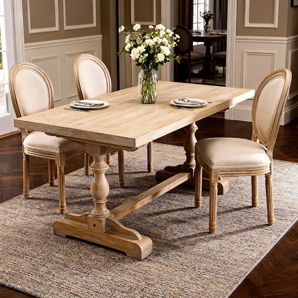 French Style Solid Wood Frame Linen Fabric Oval Back Dining Chair, Set of 2