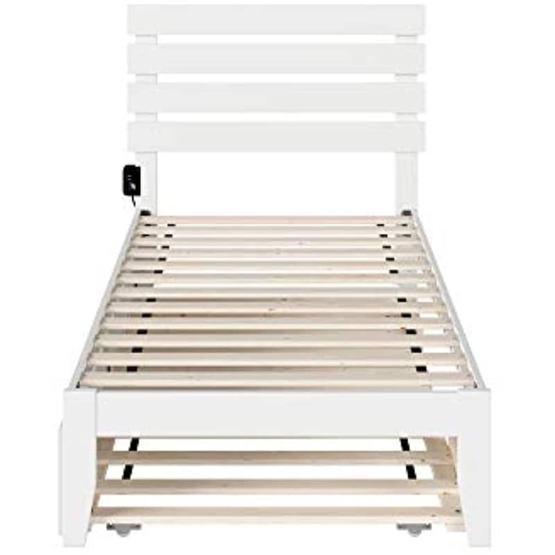 Twin Bed With Trundle & USB Charger - Modern Loft Style Bed Frame, Durable Wood Construction, White Finish