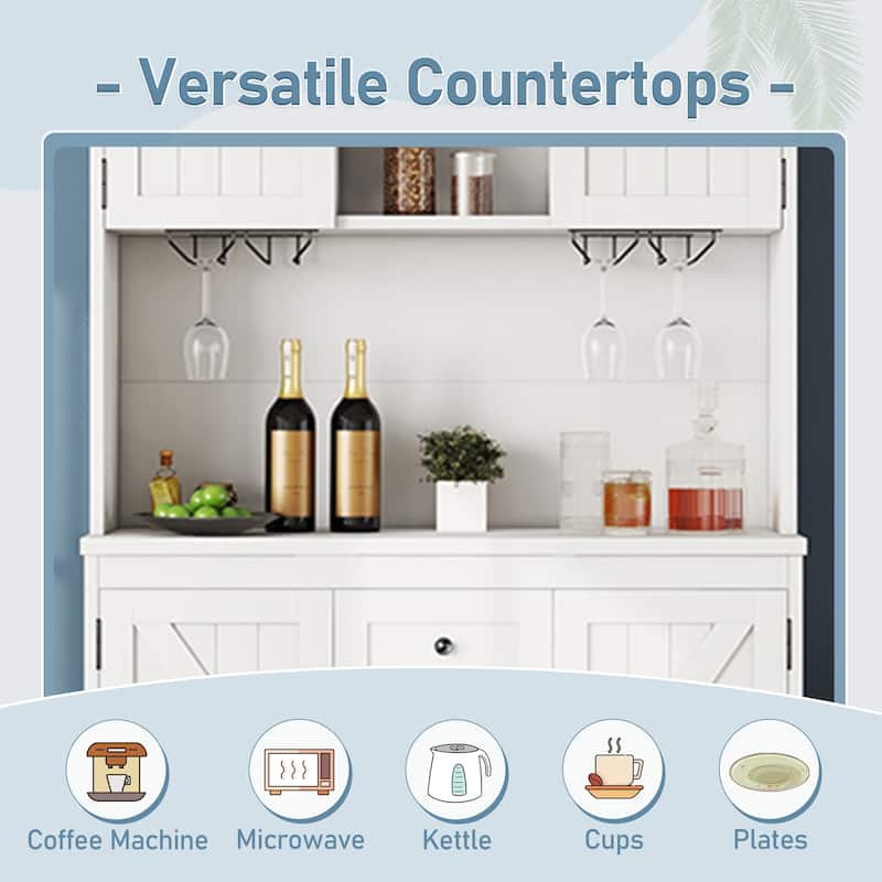Coffee Bar Cabinet with Drawers and Shelves, Freestanding Kitchen Pantry with Cabinets, Wine Cabinet with Glass Racks