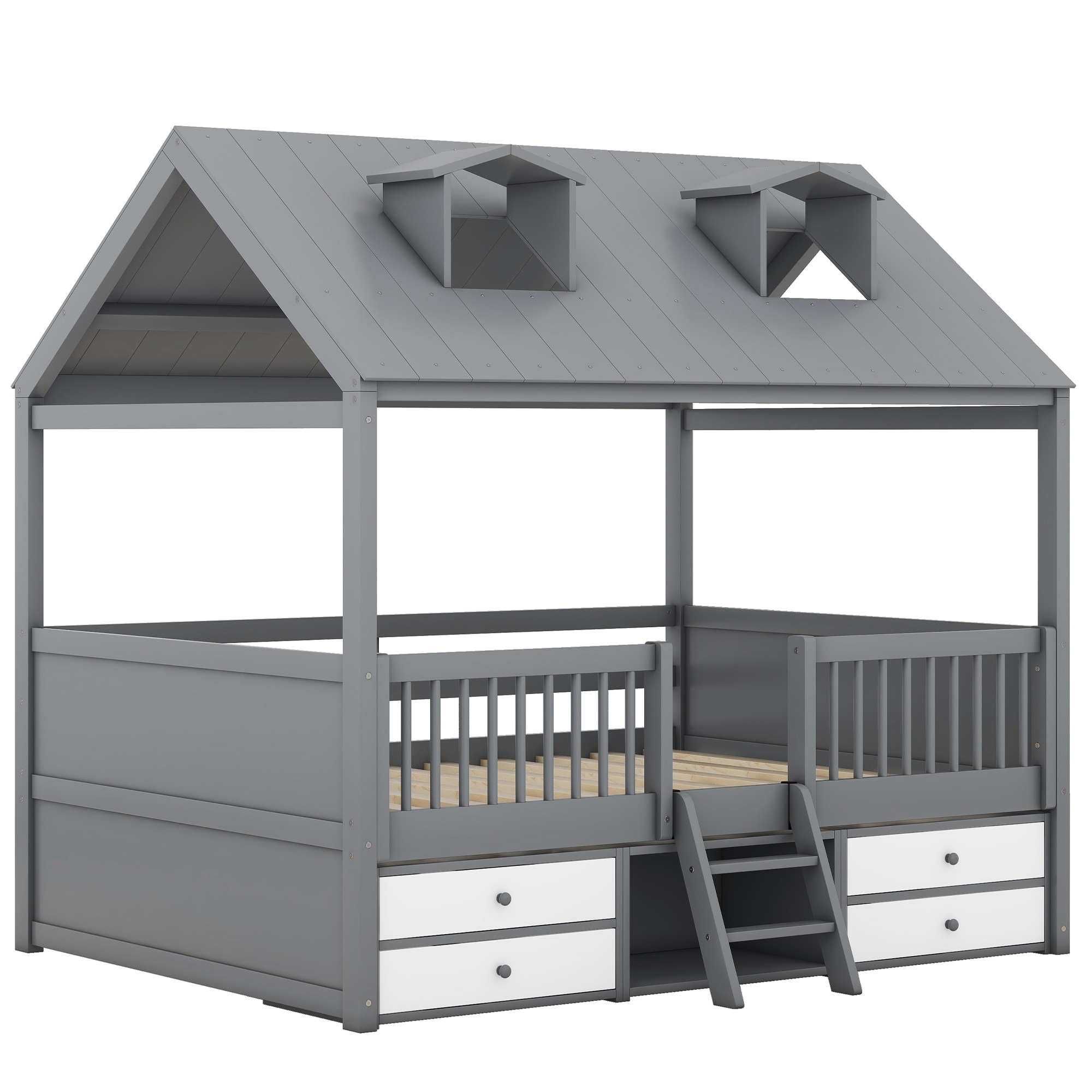 Grey wood house bed frame with roof and storage drawers.