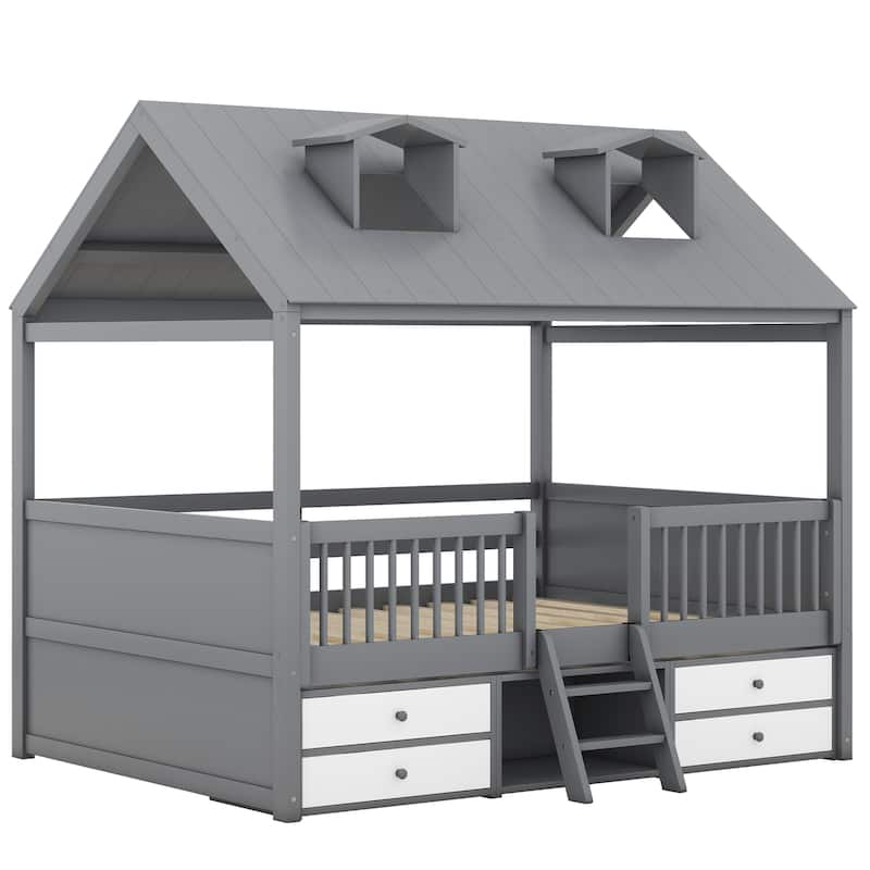 Wood Bed House with Fence and Roof for Kids, Boys and Girls, Bedroom