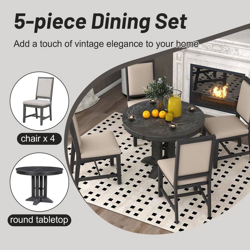 Spruce & Spring Round Dining Table Set for 4, Extendable 5-Piece Mid Century Modern Farmhouse Table with Upholstered Chairs