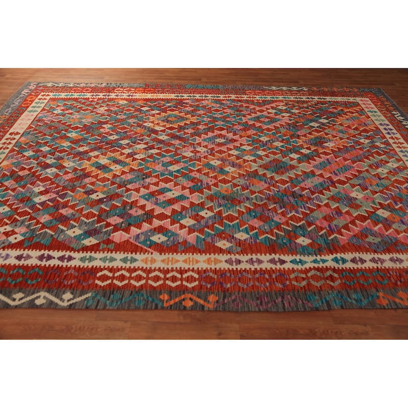 Geometric Orange Kilim Oriental Area Rug Handmade Wool Carpet - 8'5"x 11'4"