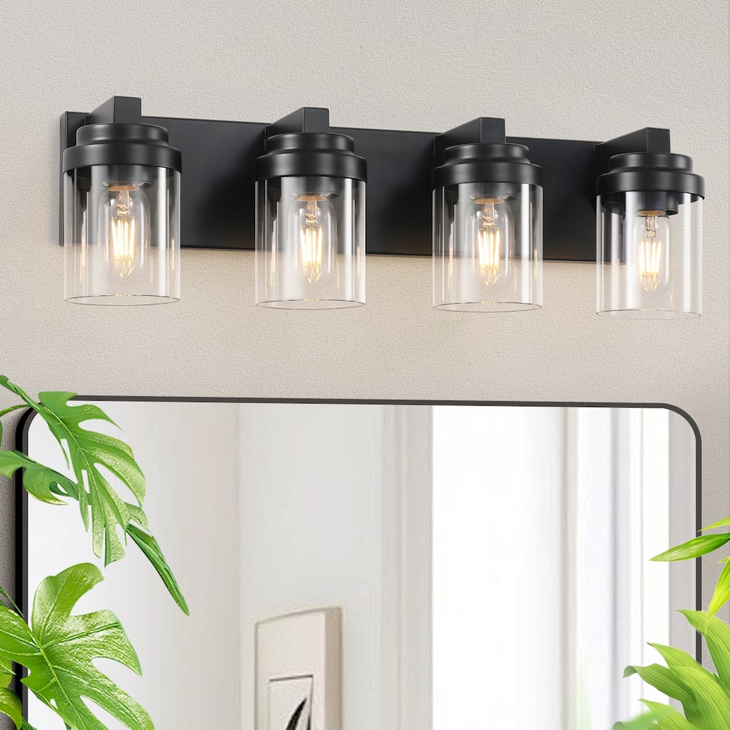 4 Light Bathroom Vanity Light, Matte Black Bathroom Light Fixtures with Clear Glass Shade, Vanity Light Fixtures Over Mirror