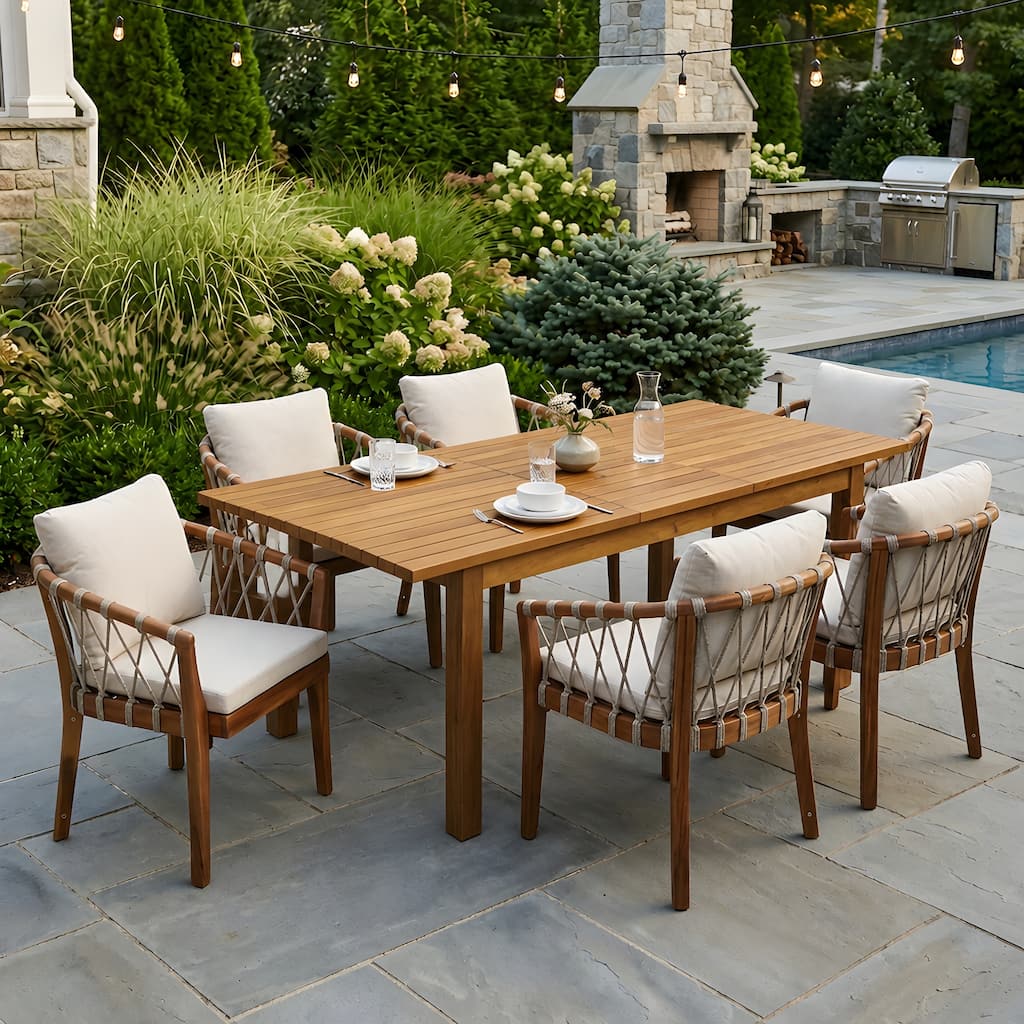 Christopher Knight Home - Luma 7-Piece Outdoor Dining Set, Acacia Wood with Rope-Weave Armchair & Expandable 6-Person Slat Table
