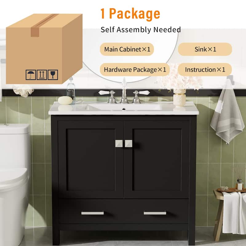 36" White Bathroom Vanity with Ceramic Sink, Soft-Close Doors, Double Storage Shelves & Divided Drawer