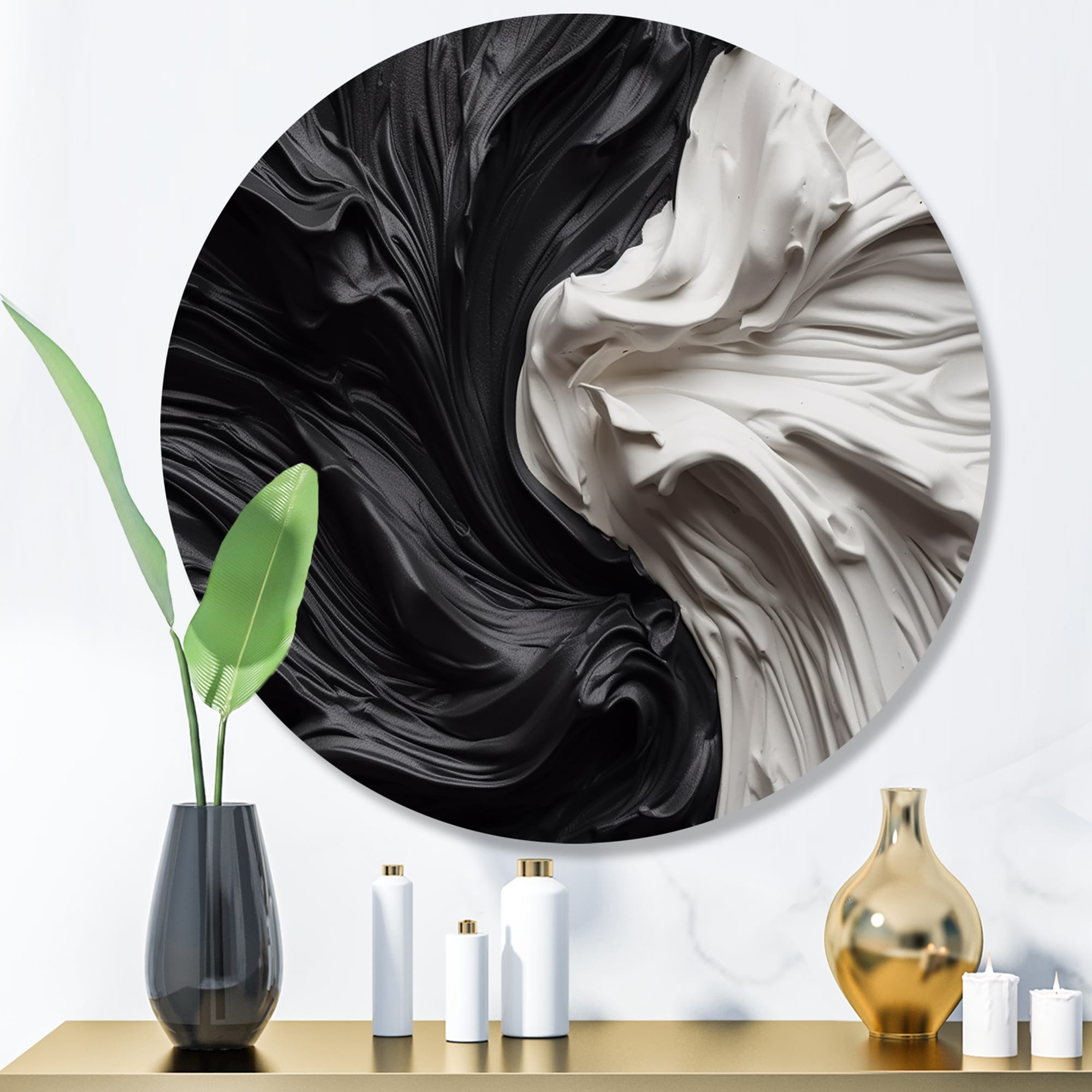 Designart "Black White Marbled Dreamscape V" Modern Geometric Metal Round Wall Art Print