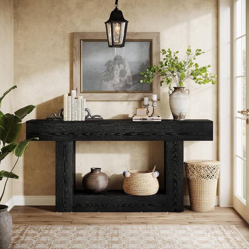 63 Inches Brown/ Gray Wood Console Table, Farmhouse Entryway Table for Hallway