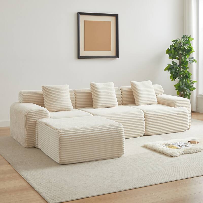 Inlaid Structural Sleeper Sectional Sofa Bed with Ottoman, Corduroy Modular Boneless Couch with Wider Armrests and Backrests