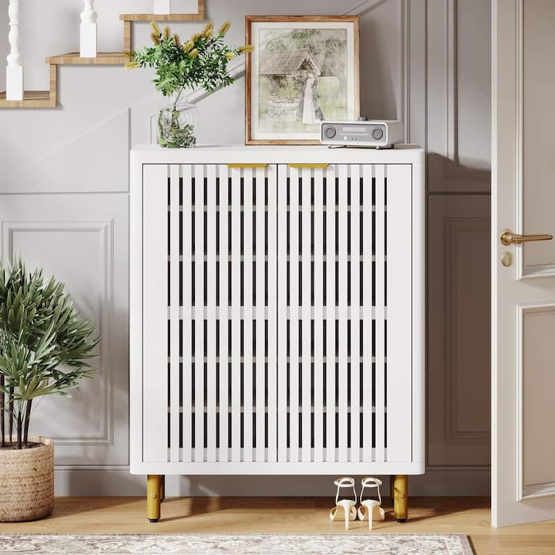 Wooden Shoe Cabinet with Shutter Doors, Adjustable Shelves Large Hidden Storage Organizer Rack for Entryway Hallway