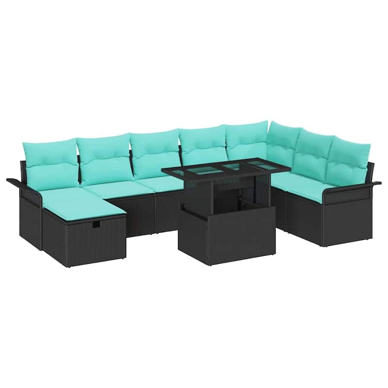 vidaXL 9 Piece Outdoor Sofa Set with Cushions Black Poly Rattan - 117.1×73.8×27.2