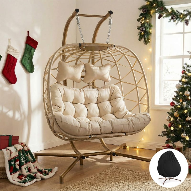 Oversized Outdoor Double Swing Egg Chair, 700 lbs Capacity 2-Person Hanging Egg Chair Swing with Cushion - Beige/Cover