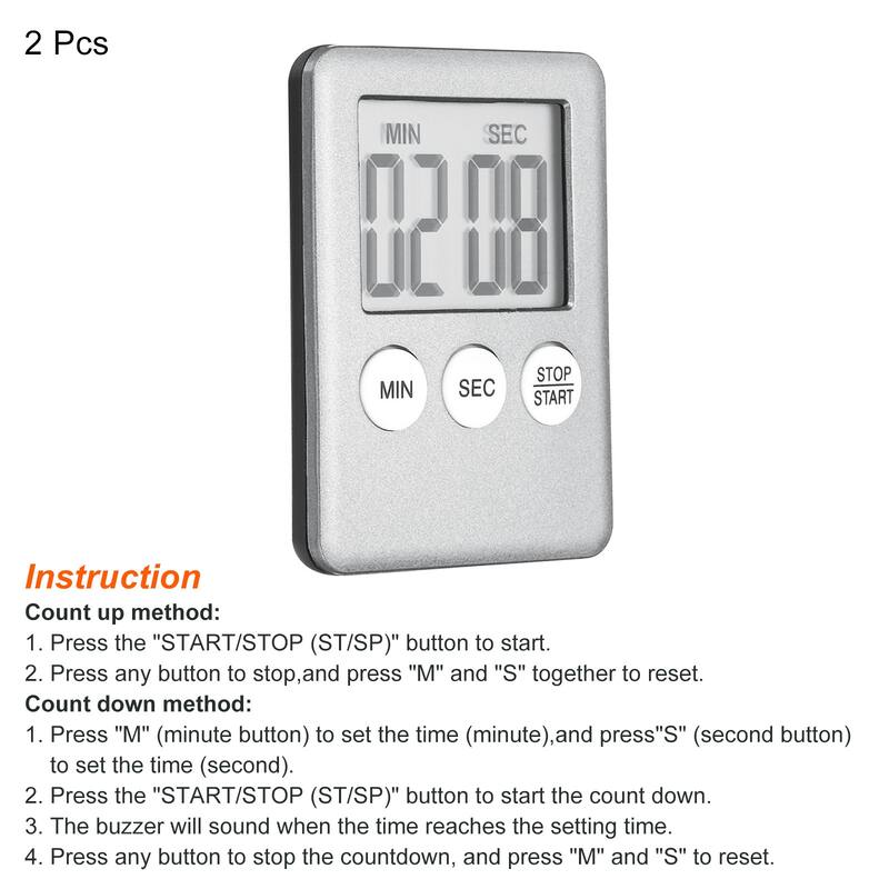 Digital Timer,2Pcs Count Down/UP Clock with Magnetic,Kitchen Timer Silver Tone - Silver Tone
