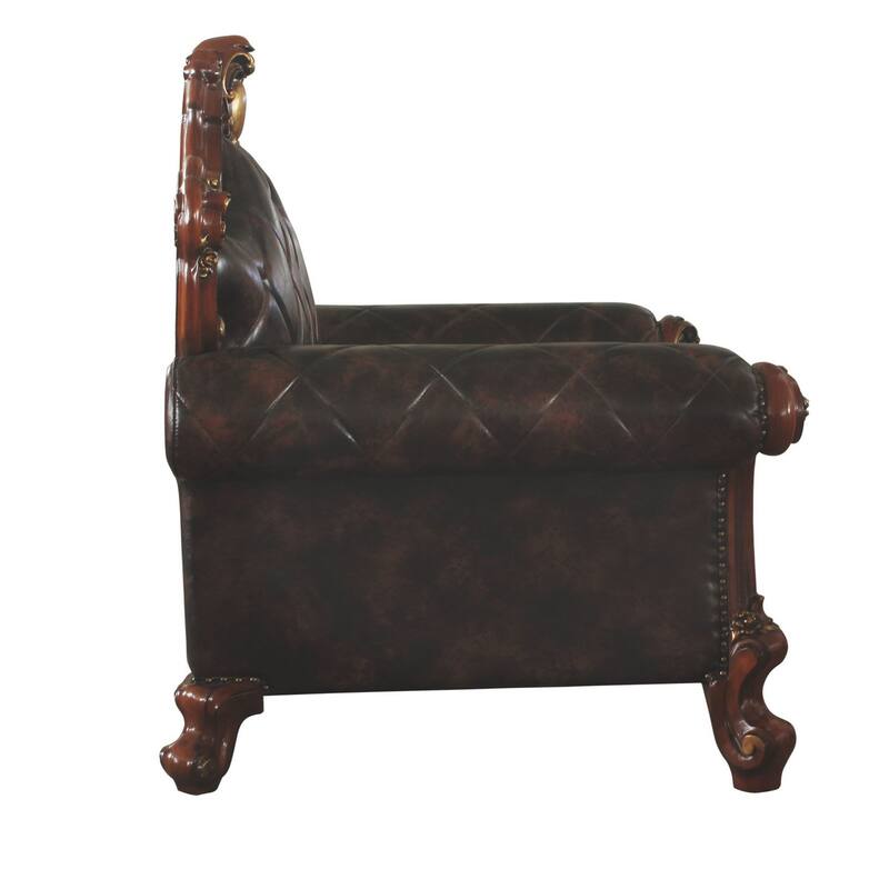 Leatherette Chair with Diamond Stitching and Carved Details, Dark Brown