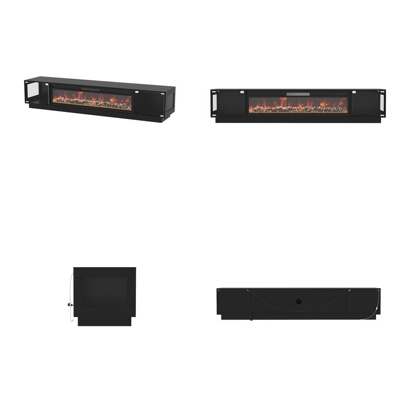 Modern Black Fireplace TV Stand Combo,Remote Fireplace Heater,2 Drawers,Light Strip & USB