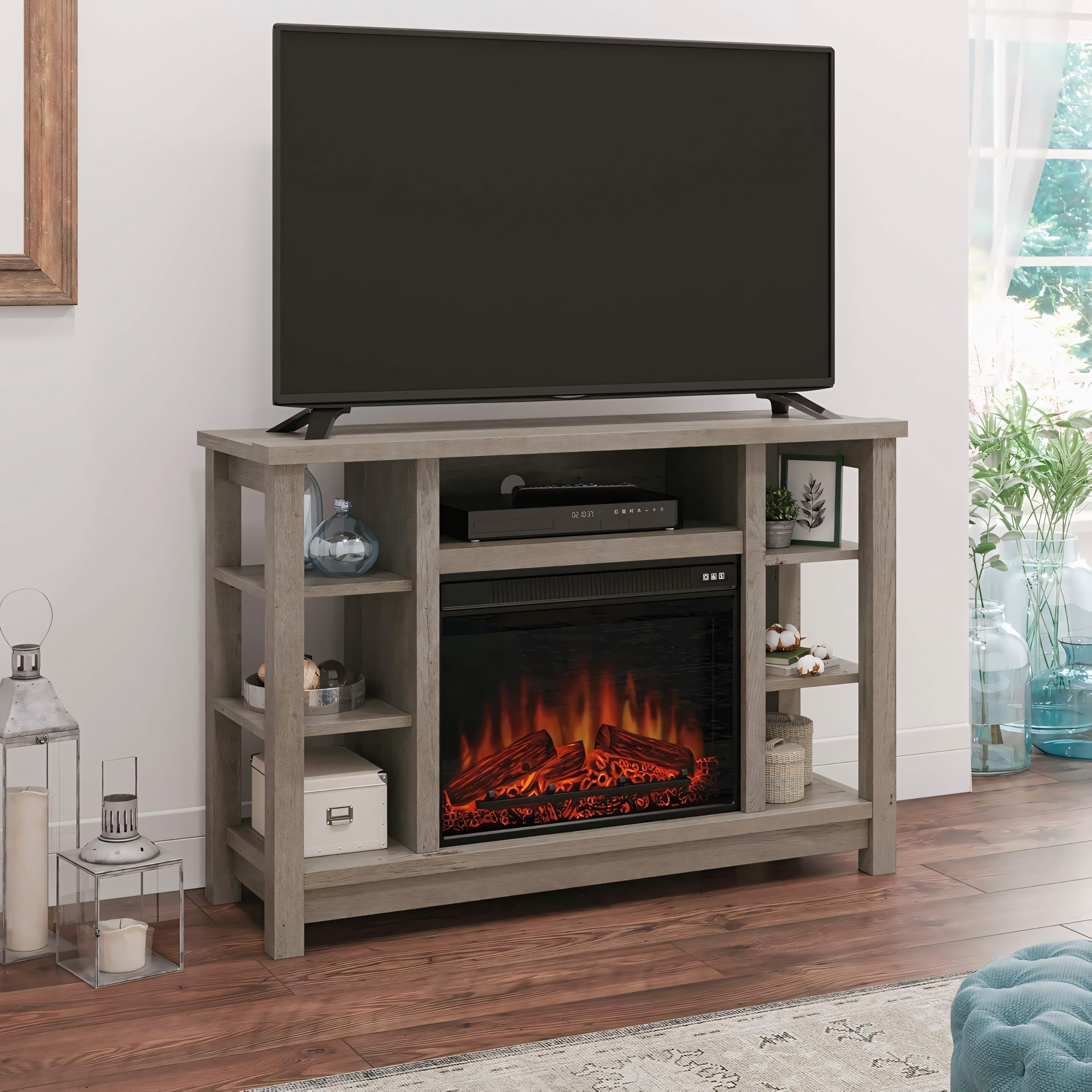 47.5 Inch Farmhouse TV Stand with Electric Fireplace Mystic Oak Manufactured Wood Metal