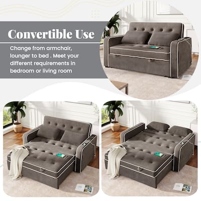 Pull Out Sleeper Bed, Sofa Bed Couch with USB Charging Port, Lounge Loveseat Sofa Daybed with Adjustable Backrest