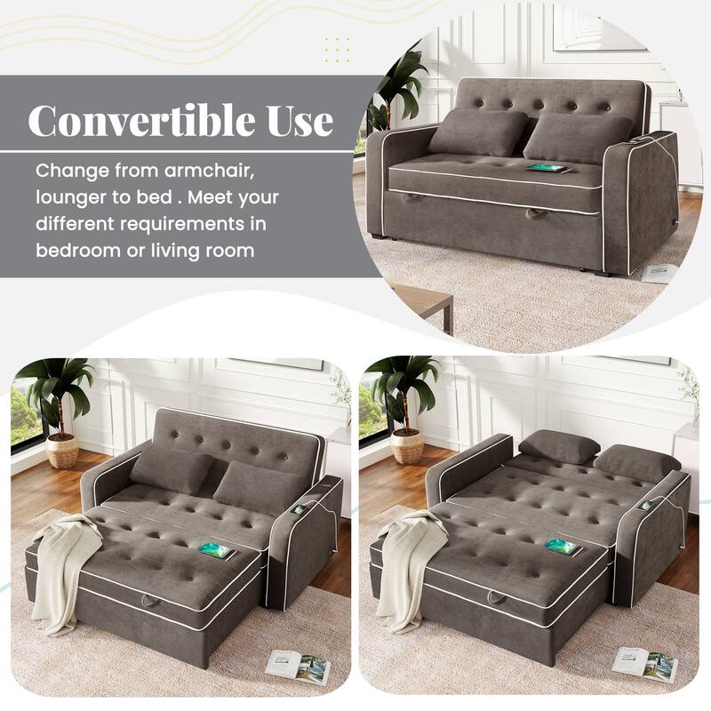 Upholstered Loveseat Pull Out Sofa Bed, Lounge Couch w2 Pillows & 2 USB Port, Adjustable Backrest Futon Sofa Tufted Couch