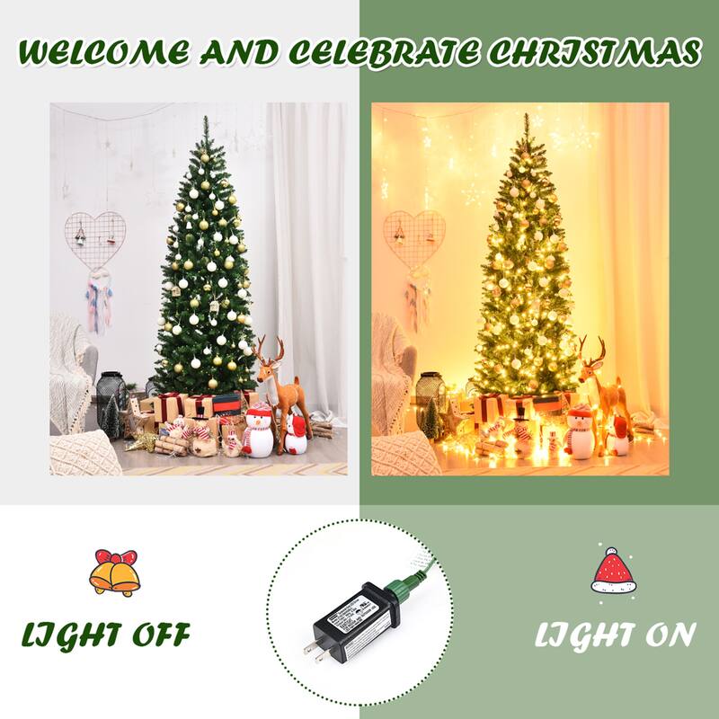 Gymax 7 ft Pre-lit Pencil Christmas Tree Hinged Fir Tree Holiday Decor - See Details