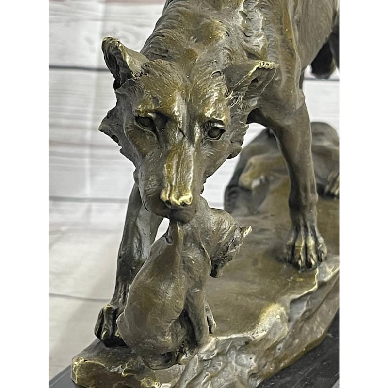 Wolf Carrying Cub Bronze Metal Statue Sculpture Marble Base 9 Inches X 11 Inches