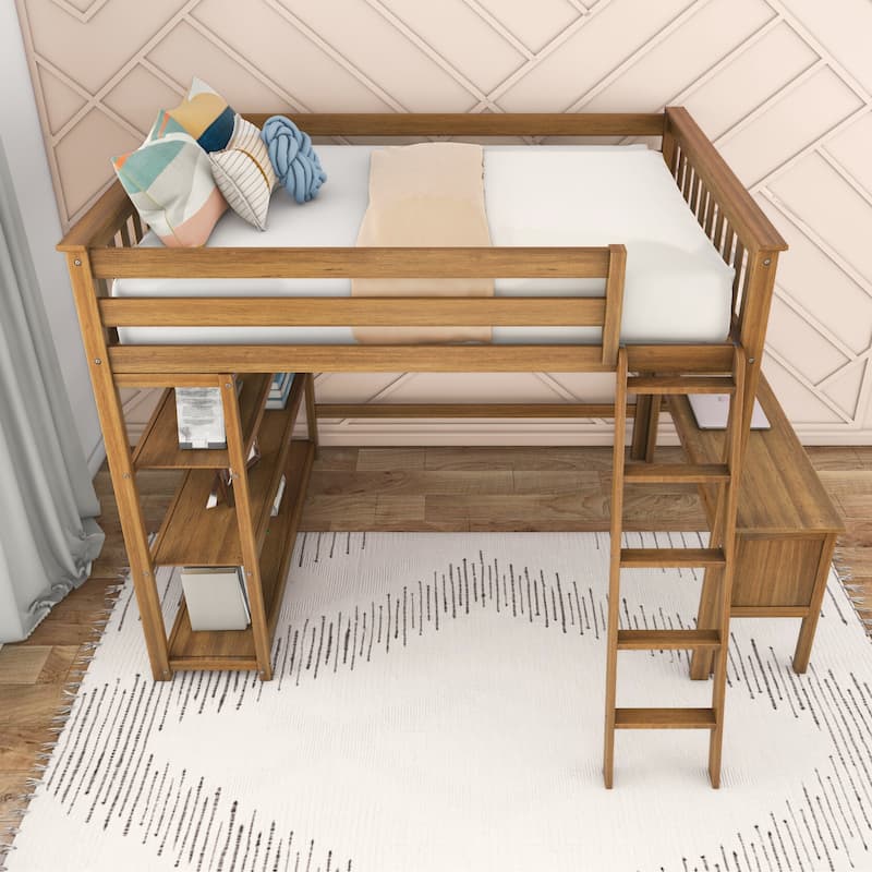 Full-Size High Loft Bed With Bookcase and Desk