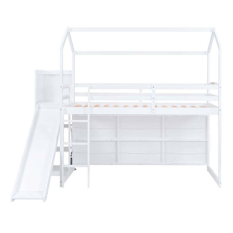 Twin House Loft Bed with Slide, Shelves, and Light for Kids