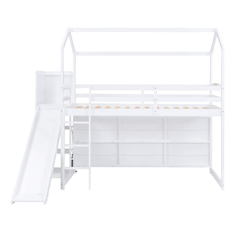 Twin Size Wood Loft Bed with Slide, Storage Shelves, and Light in White