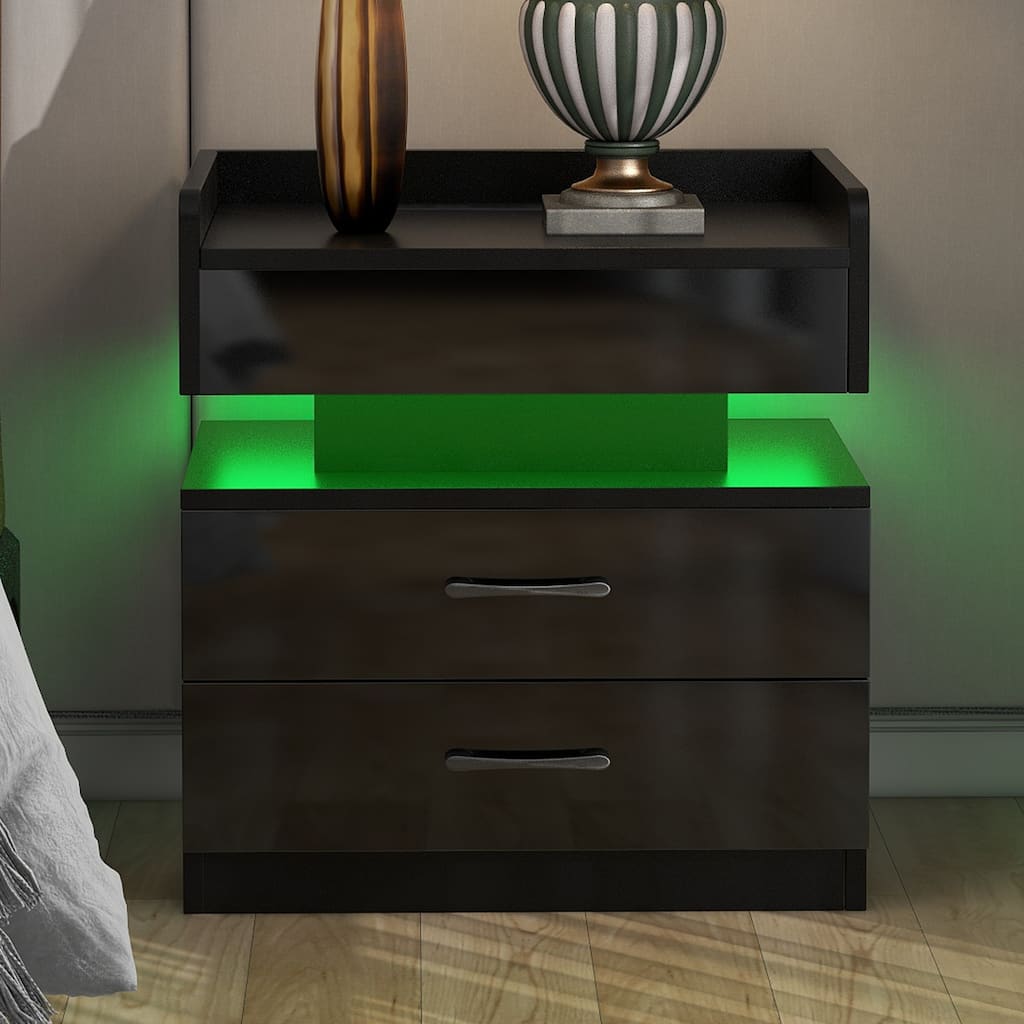 Modern Nightstand with 2 Drawers,USB Charging Ports and Remote Control LED Light