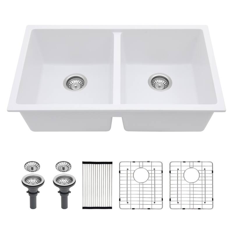 33" Undermount Double Bowl Quartz Kitchen Sink in White - 33'' x 19'' x 10.33''