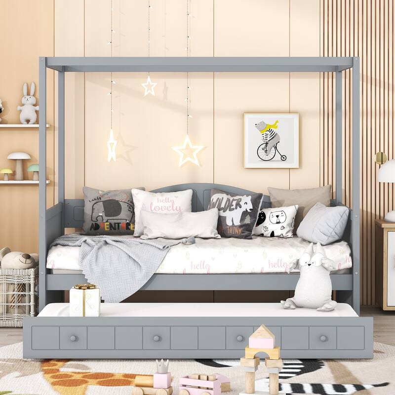Roomfitters Twin Canopy Daybed with Twin Trundle, Solid Wood Frame - Grey