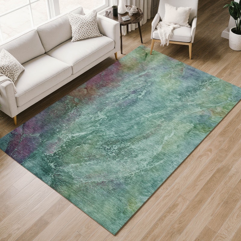 Machine Washable Indoor/ Outdoor Abstract Watercolor Chantille Rug