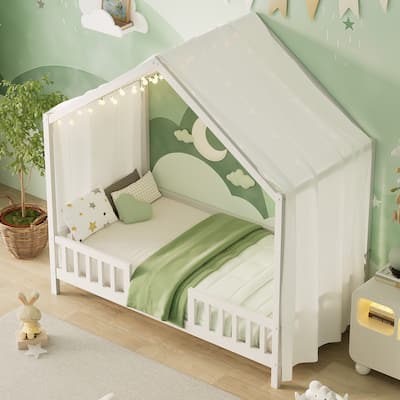 Montessori Bed, House-shape Frame Platform Bed for Kids Toddler, Wood House Daybed with High Railings and Roof, Canopy Bed Frame