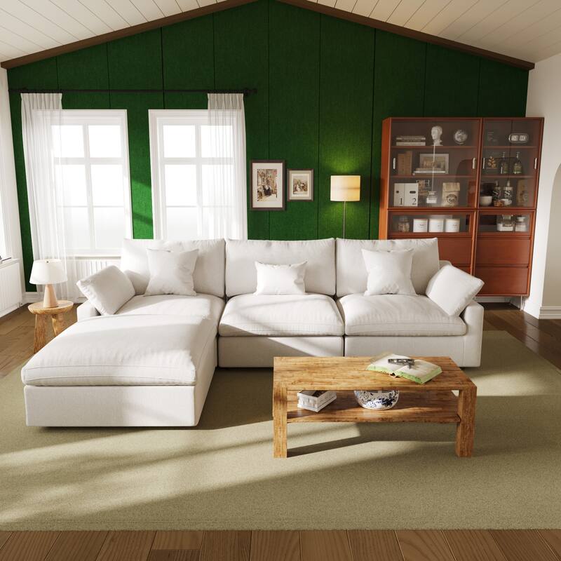 119'' L-shape Linen Fabric Upholstered Sectional Sofas with Ottoman