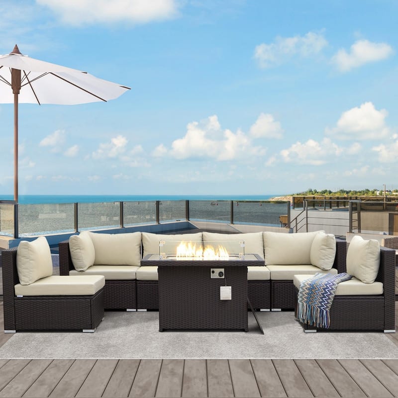 FINCATI Outdoor Wicker Patio Furniture Conversation Sectional Sofa Set - 7 PCS-A - Beige