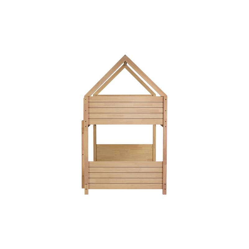 Twin Over Twin House Floor Bunk Bed with Headboards, Footboards, Guardrails, and Ladder in White Oak