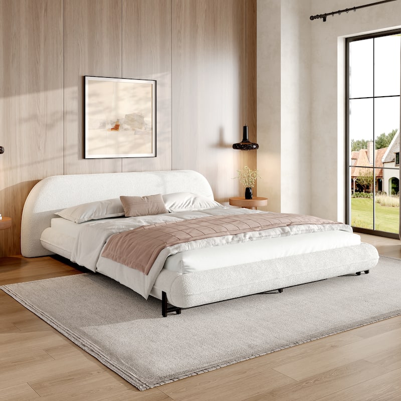 Roomfitters Queen Size Upholstered Platform Bed Frame with Boucle Fabric and Sturdy Steel Legs, White