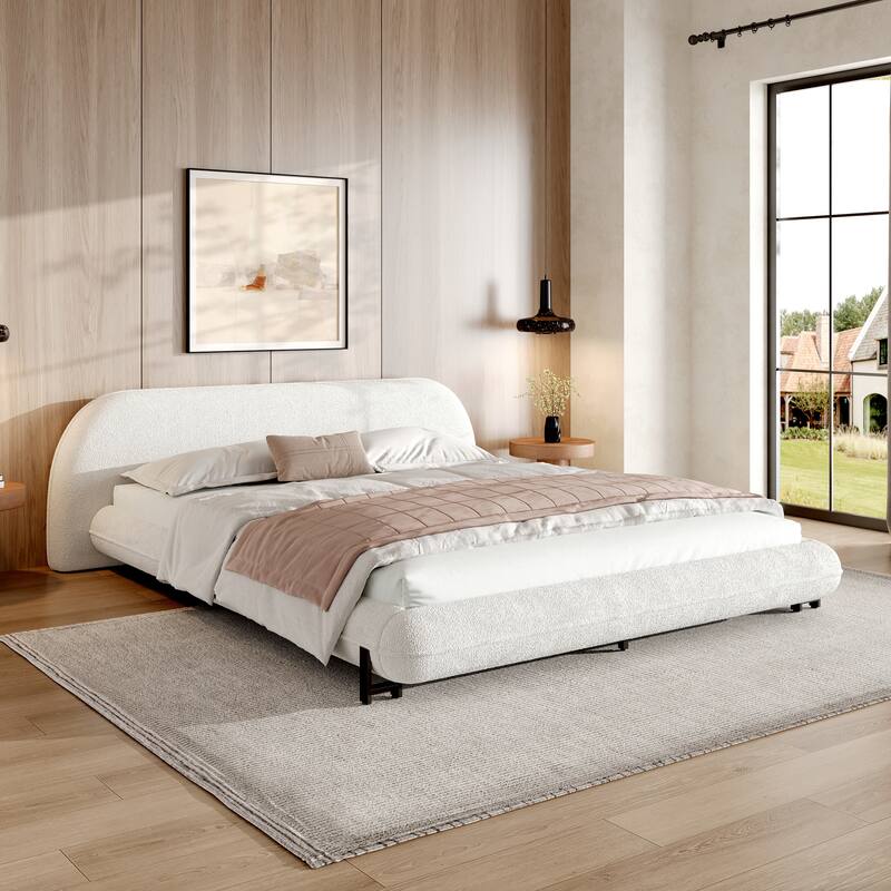 Upholstered Bed with Thick Headboard, Boucle Fabric Platform Bed Frame with Steel Legs, Wooden Slat Support - White - Queen