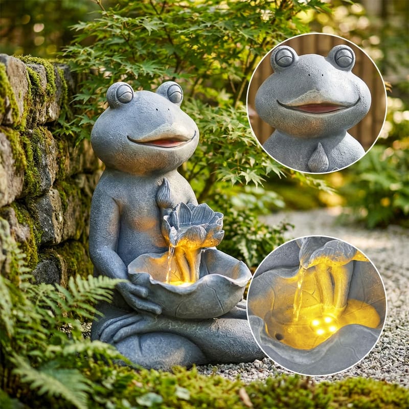 Outdoor Meditating Frog Water Fountain with Lotus Accents 18.9in Tall and Lights