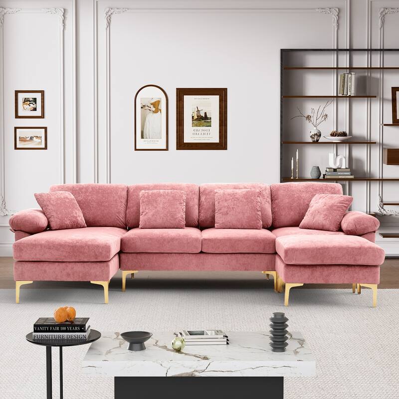 110" Upholstered Velvet U-shaped Sectional Sofa With Chaise Lounge & Ottoman