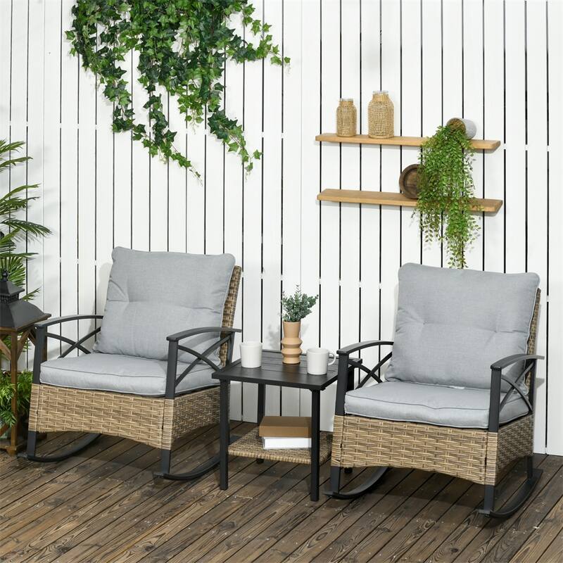 3 Piece Patio Wicker Rocking Chair Set with Cushioned and Coffee Table